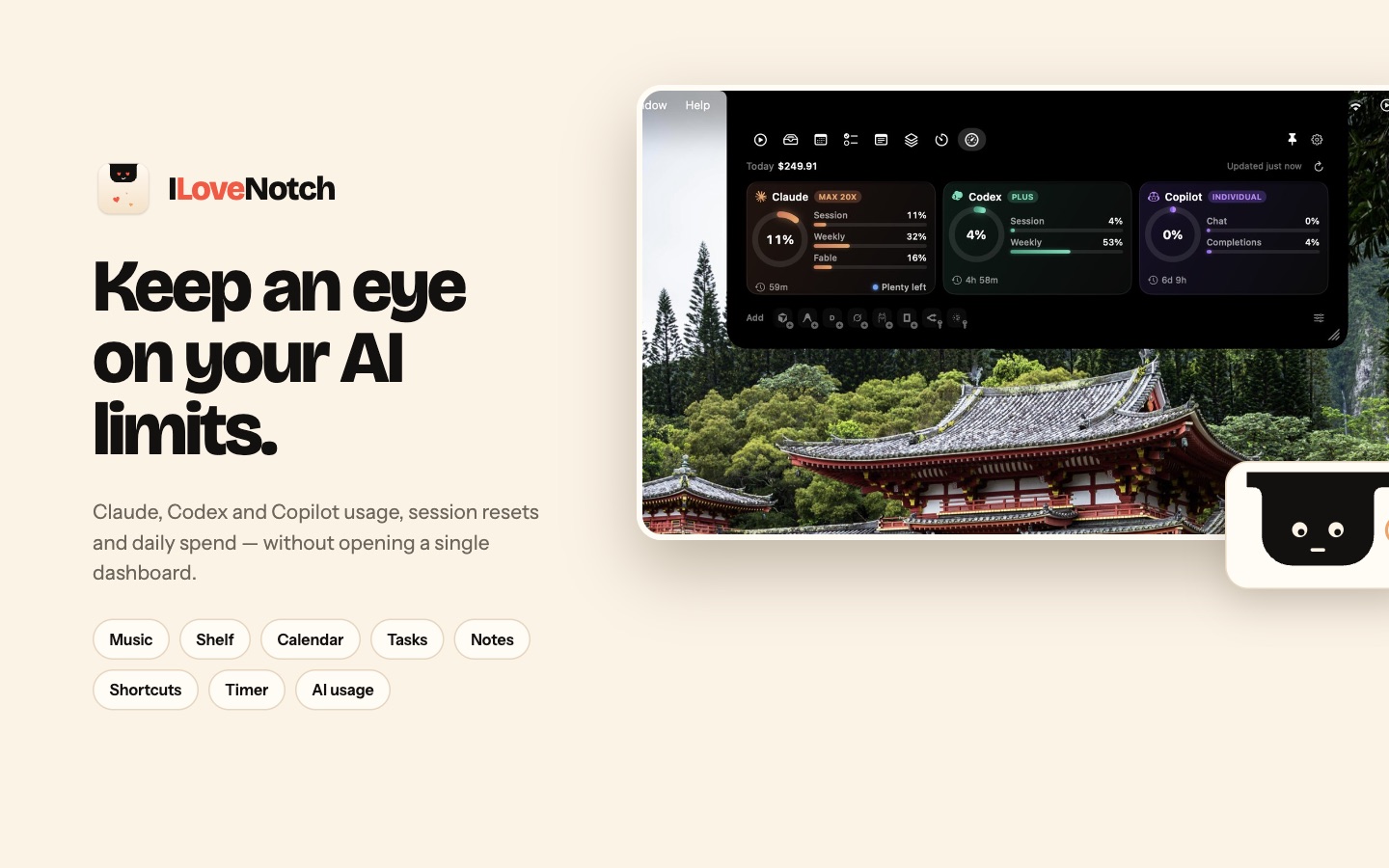 Keep an eye on your AI limits: Claude, Codex and Copilot usage as cards in the notch