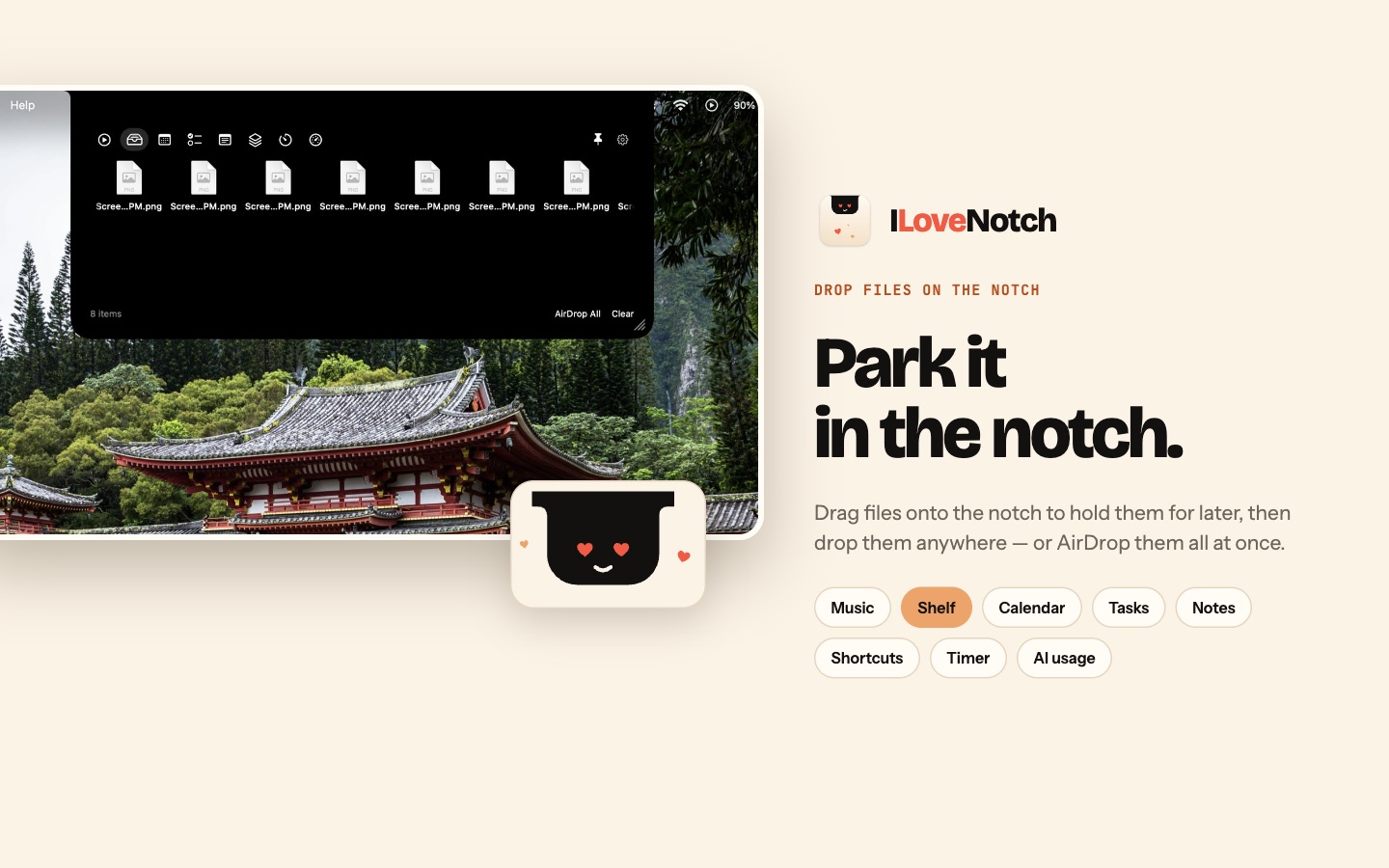 Park it in the notch: files dropped on the notch shelf, ready to drag out or AirDrop